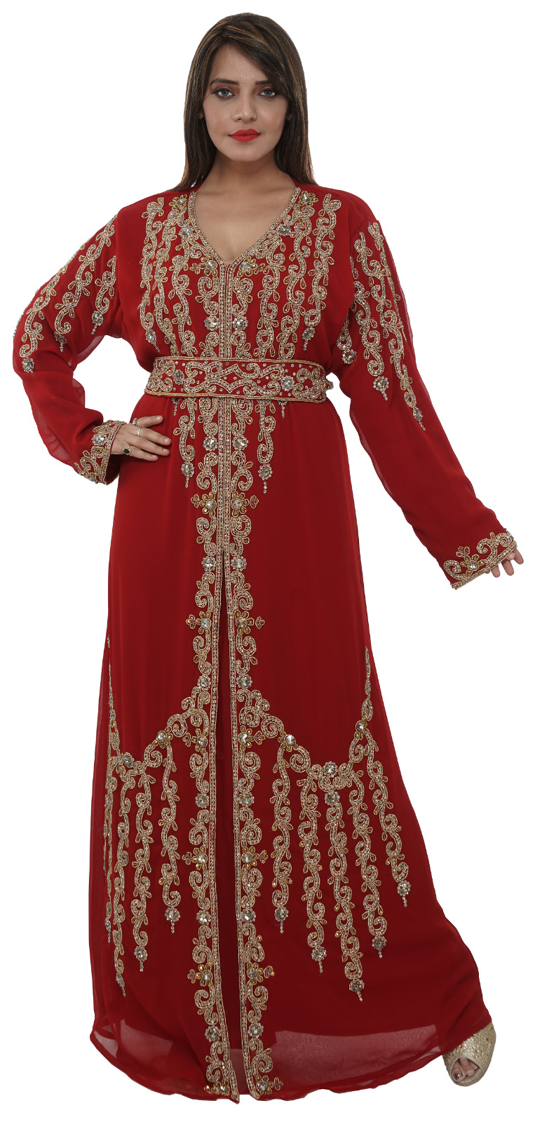 Traditional Arabian Abaya Maxi Boho Dress With Golden Embroidered Beads 8420